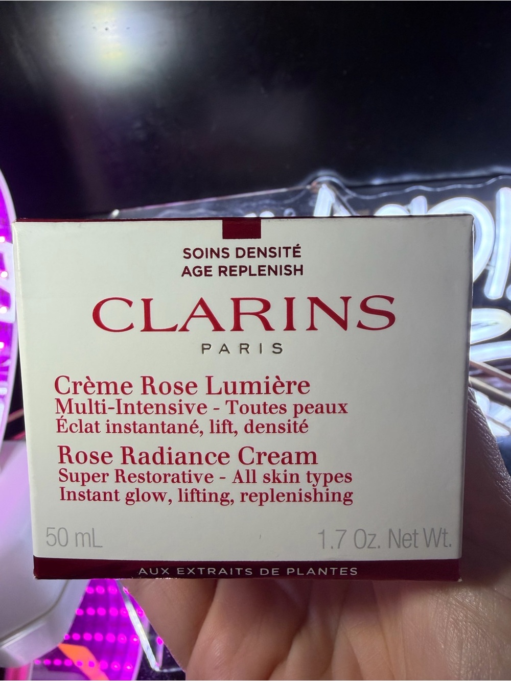 Clarins Rose Radiance Cream - White and Pink Text
